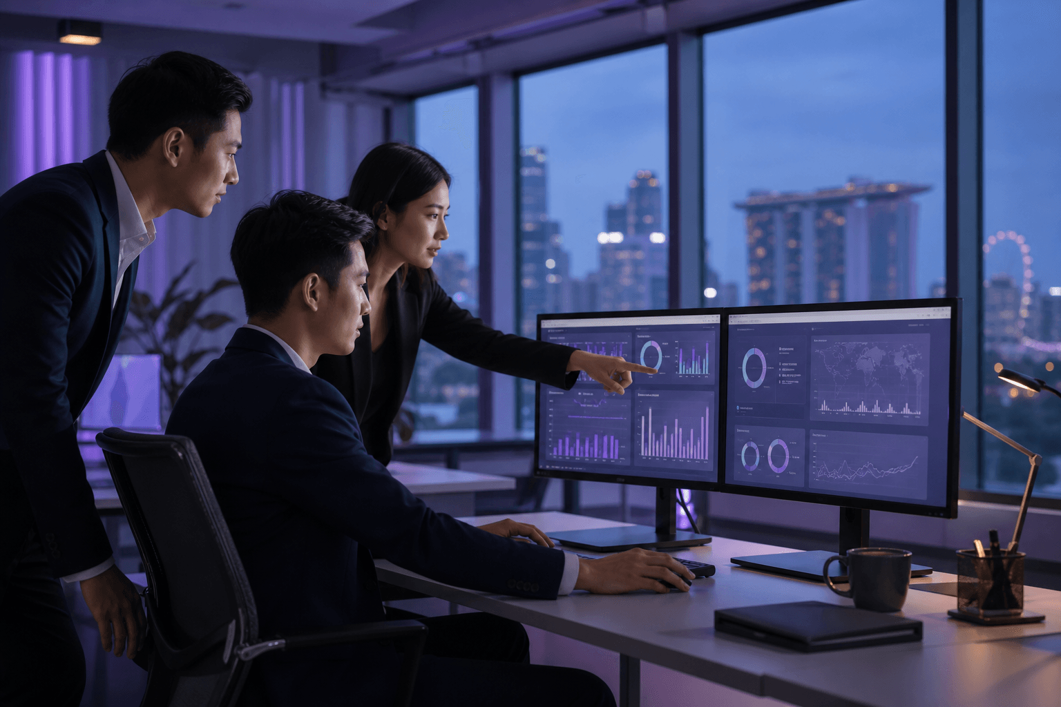 Finance team reviewing compliance dashboards on dual monitors