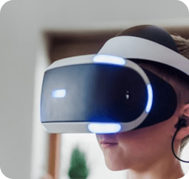 Person wearing a VR headset with blue accent lights