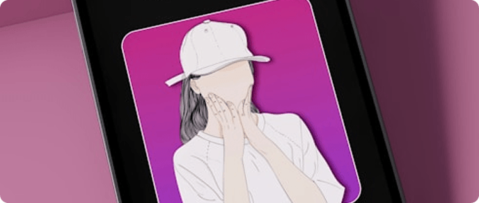 Stylized profile illustration on a pink smartphone screen