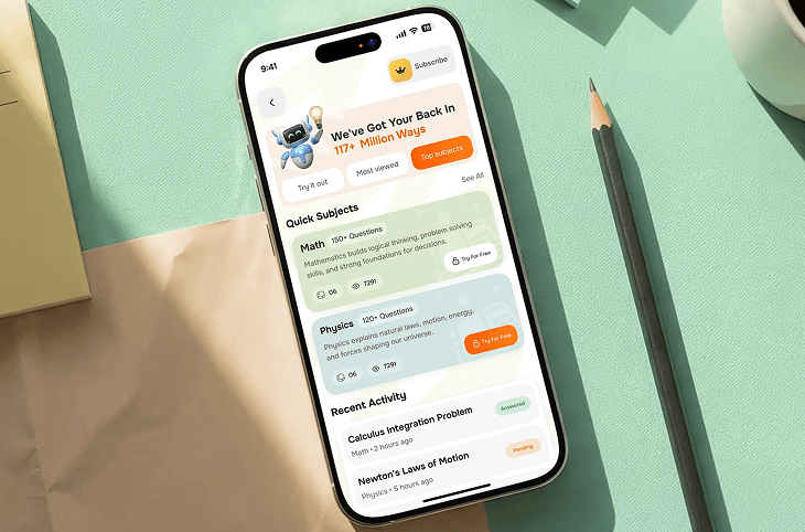 Educational app quick subjects screen for interactive learning sessions