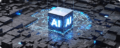 Glowing AI cube on a digital circuit landscape