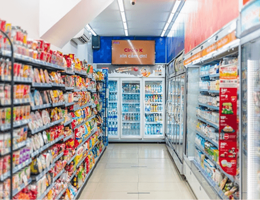 Aisle view inside a modern grocery store