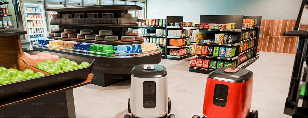 Autonomous delivery robots inside a modern grocery store