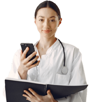 Healthcare professional holding a smartphone and medical chart