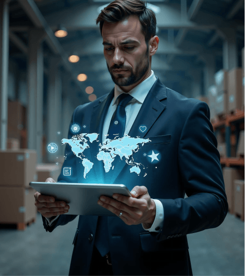 Business professional reviewing logistics data on a holographic globe