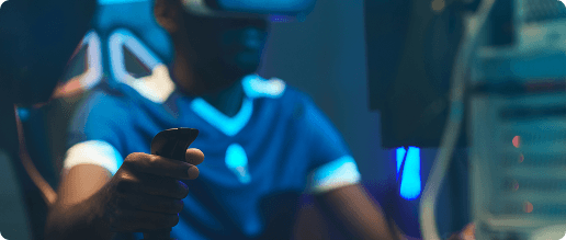 Person wearing a VR headset in a sports-tech environment
