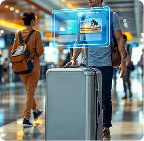 Traveler with suitcase viewing digital travel info