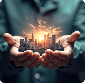 Hands holding a digital city skyline