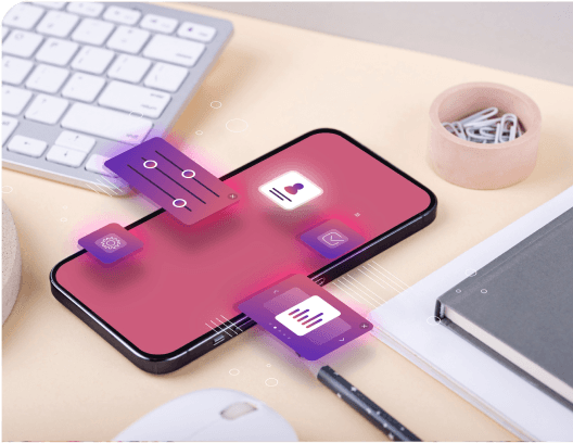 Smartphone on a desk with floating app interface elements