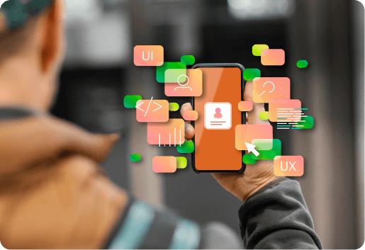 Hand holding a smartphone surrounded by floating UI elements