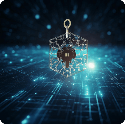Glowing hexagonal digital lock floating over a circuit-like grid