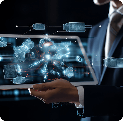 Hands holding a tablet displaying a glowing holographic schematic
