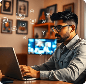 Professional using a laptop with floating digital service icons