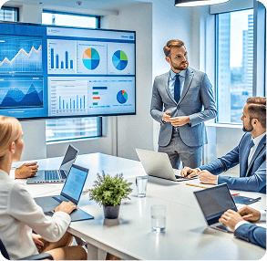 Team reviewing business charts on a large meeting room screen