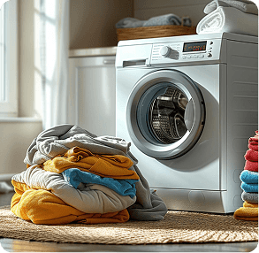 Modern front-loading washing machine in a bright laundry room