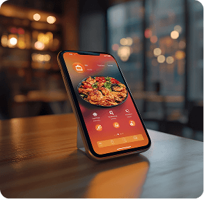 Smartphone showing a food delivery app in a restaurant setting