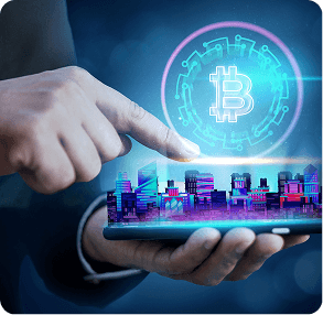 Hands holding a phone with a holographic Bitcoin visualization