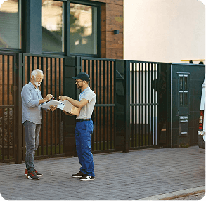 Delivery courier handing a package to a customer