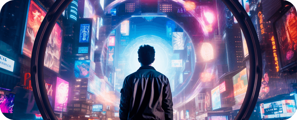 Futuristic neon city tunnel viewed from behind a person