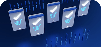 Floating mobile devices with shopping carts and storefront icons