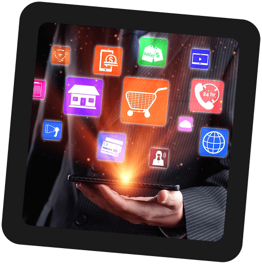 Smartphone with floating marketplace feature icons including cart, store, and payments
