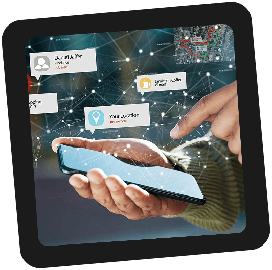 Hand using a smartphone with connected location and service overlays