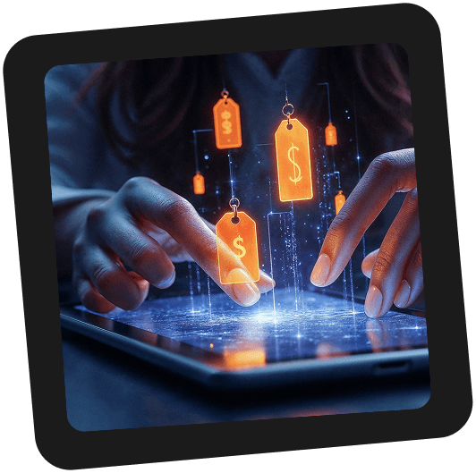 Hands adjusting glowing price tags on a tablet seller management interface