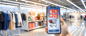 Smartphone showing a shopping cart with promotion icons in a retail store