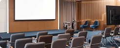 Modern lecture hall prepared for classroom discussions