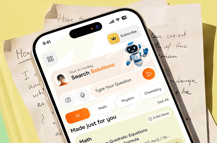 Educational app interface for searching assignment solutions by subject