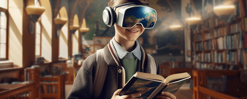 Student wearing a VR headset while reading a book in a library
