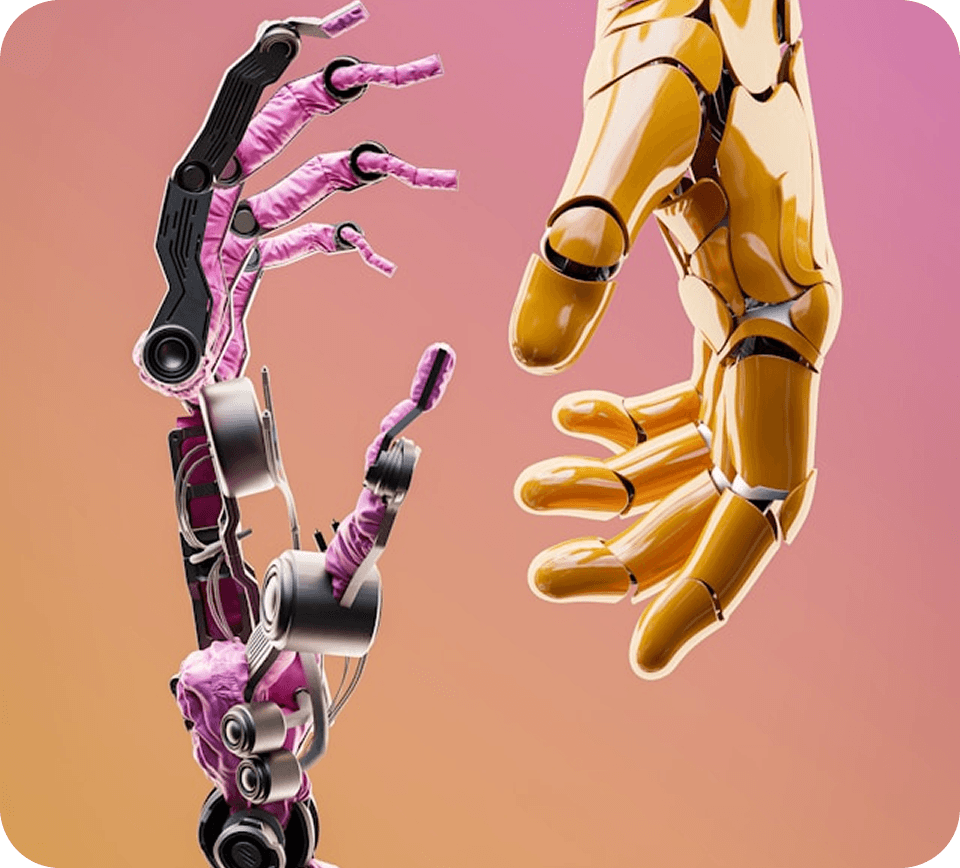 Robotic and human hands reaching toward each other