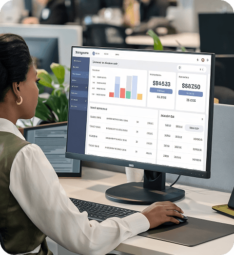 Administrator reviewing an analytics dashboard on a desktop monitor