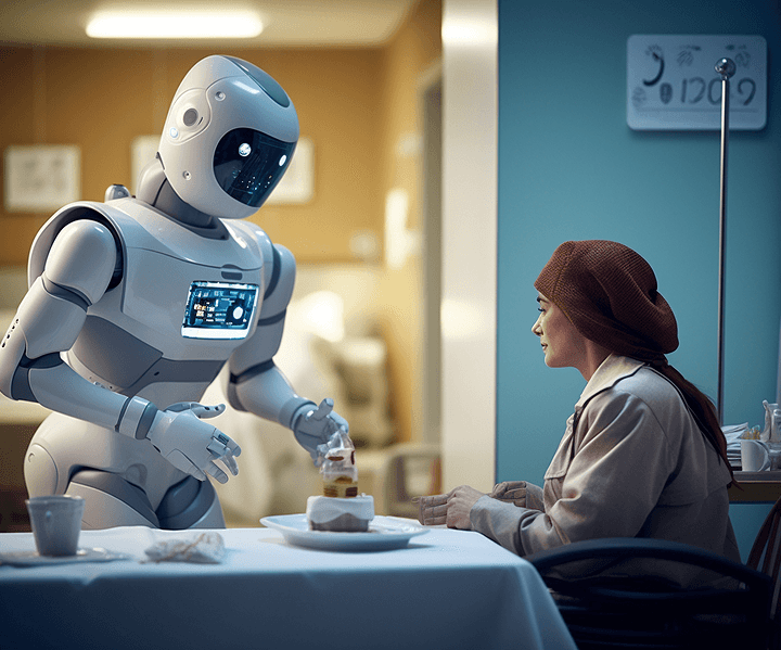 Humanoid robot assisting a client at a table
