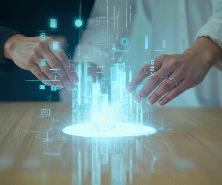 Hands interacting with a holographic city skyline projection