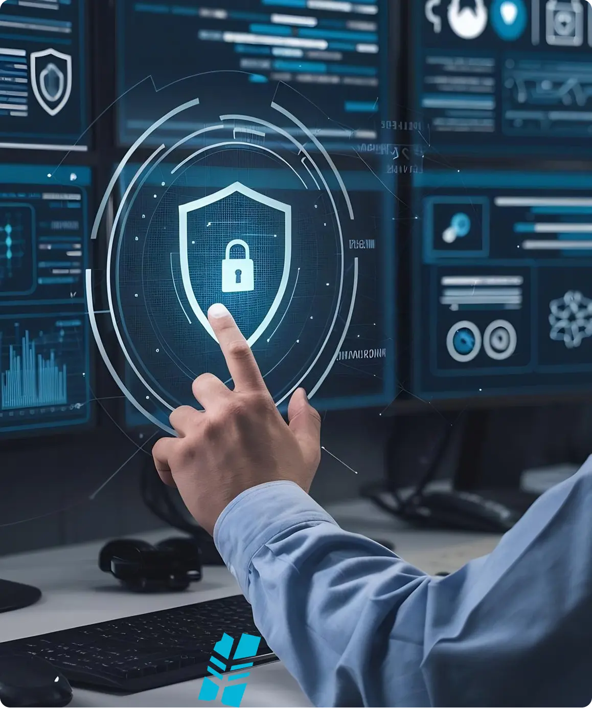 Hand activating a holographic security shield in front of monitoring screens
