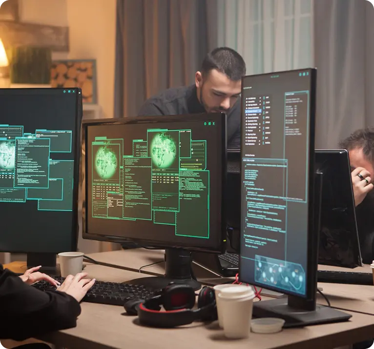 Security analysts reviewing network data on multiple monitors