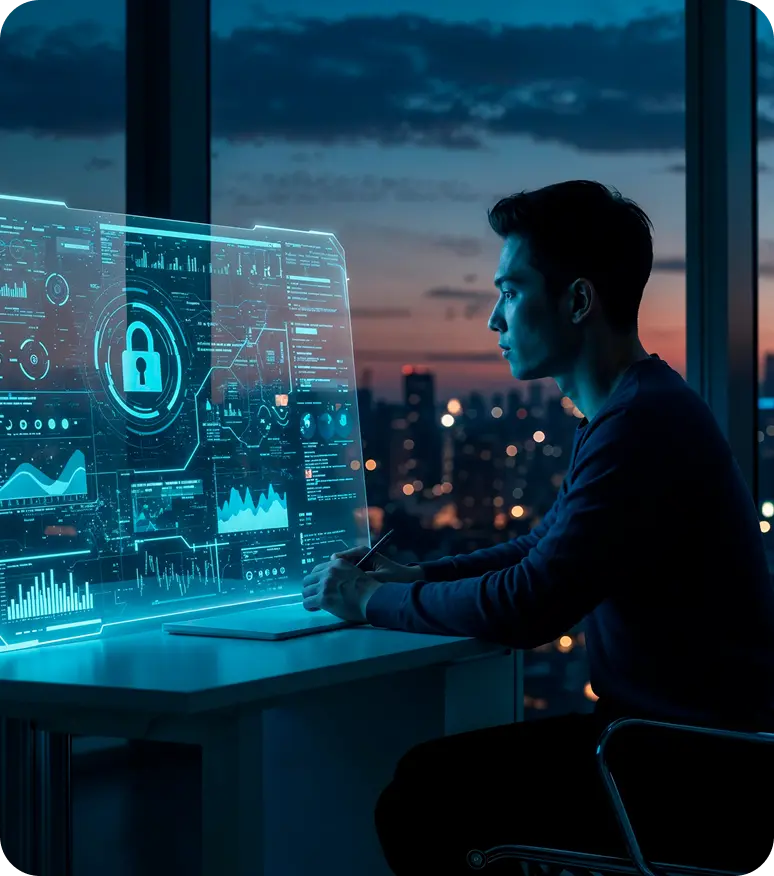 Professional studying a holographic lock and cybersecurity dashboard at night