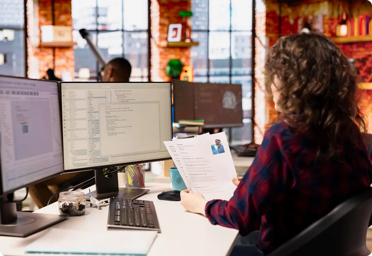 Team member entering records from printed documents into a computer system