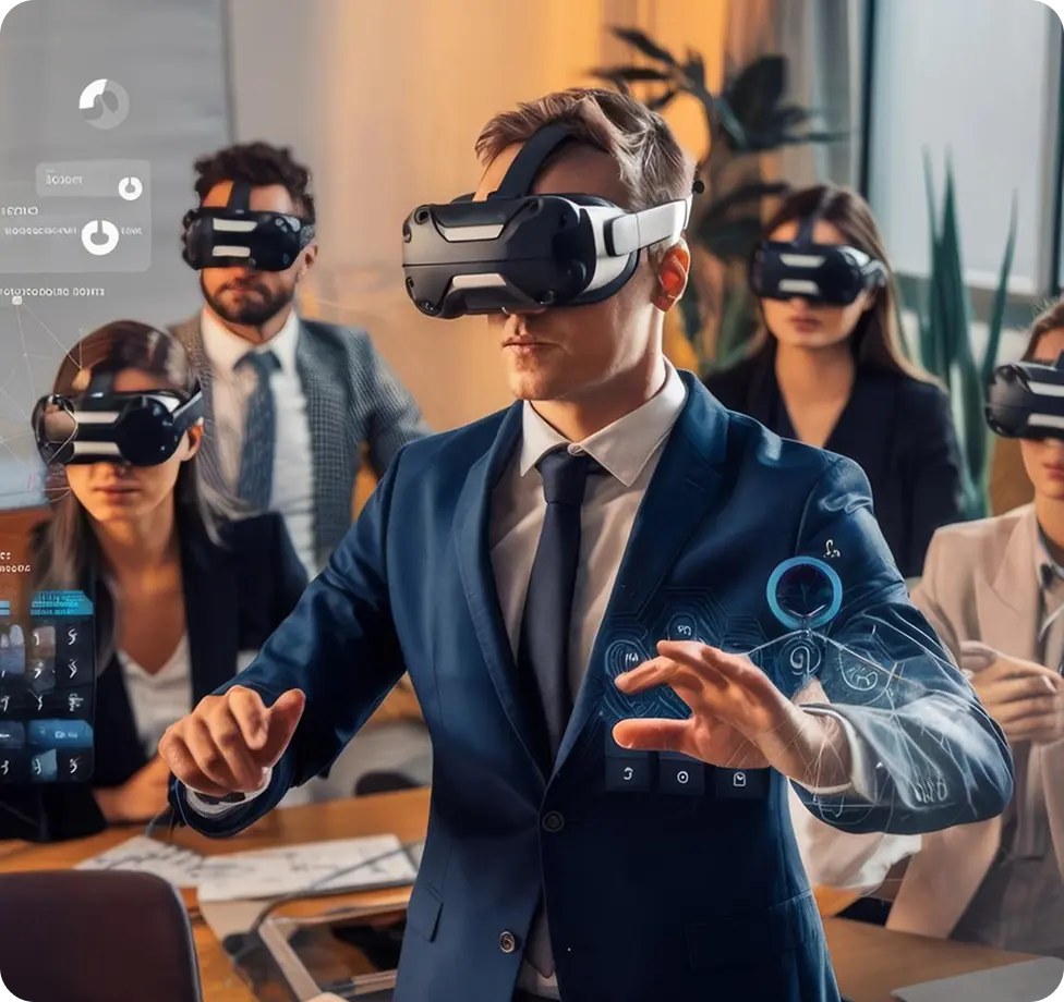 Team wearing VR headsets collaborating around holographic interfaces