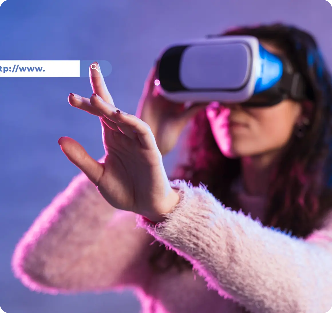 Woman in a VR headset reaching toward a virtual search bar