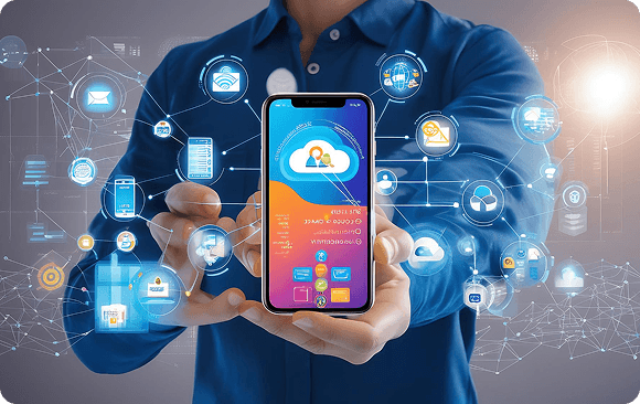 Person holding a smartphone surrounded by digital app interface icons