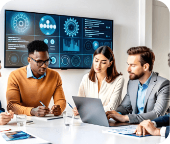 Team collaborating in a meeting room with wall dashboards
