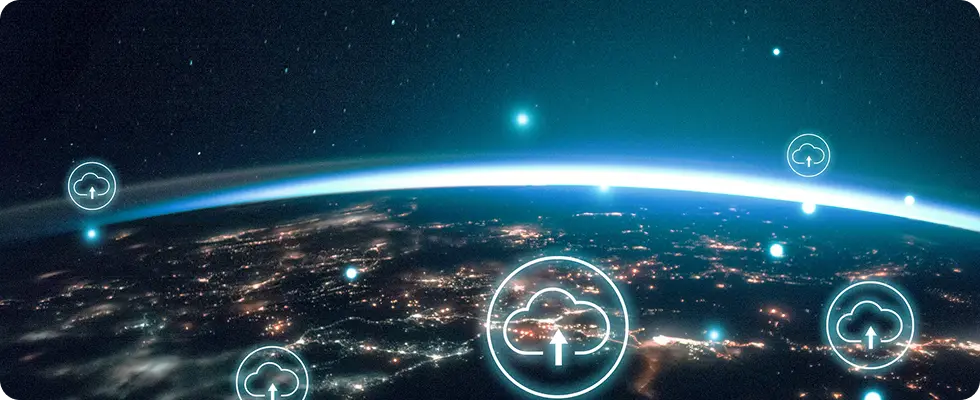 Earth from space with cloud upload icons representing global cloud infrastructure