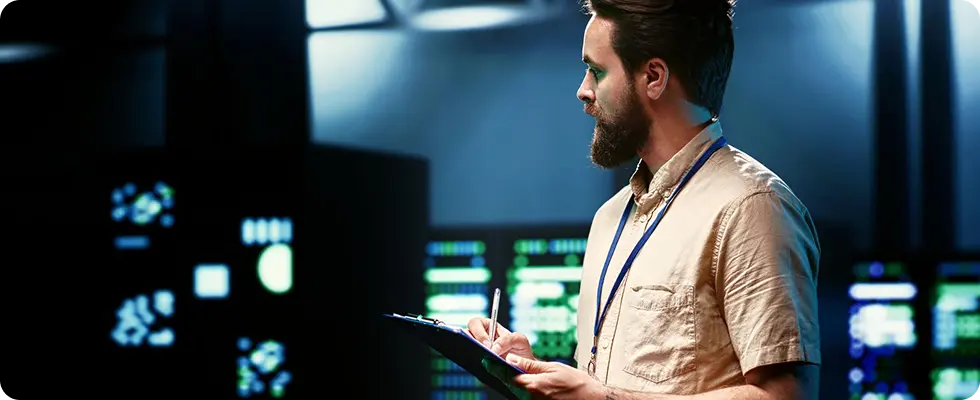 Technician inspecting datacenter equipment with a clipboard