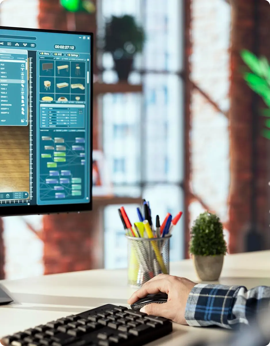 Designer using a desktop workstation to build a custom software interface
